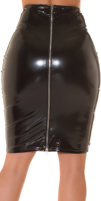 Latex look hoge taille rok met ritssluiting zwart